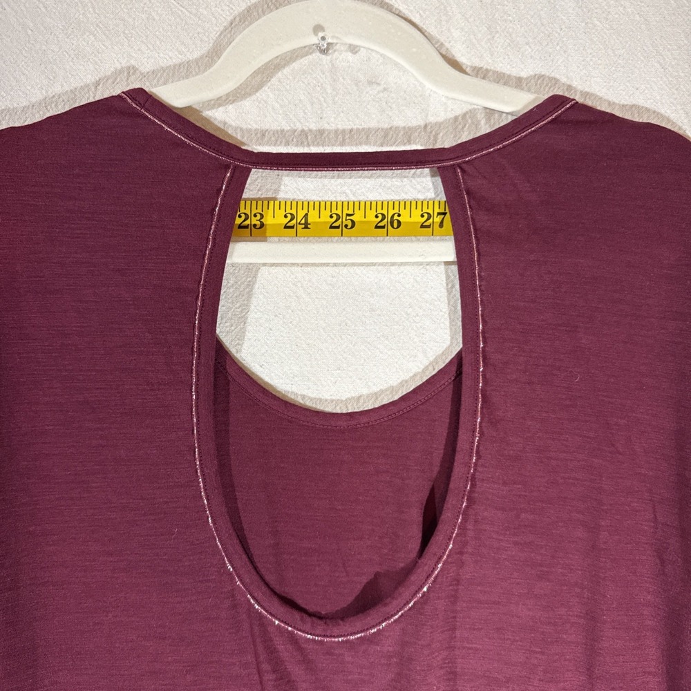 Nike Yoga Dri-Fit Open Back SS Burgundy W/Shimmer Piping Feminine Relaxed Top - Picture 8 of 11